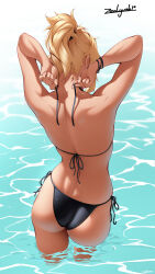 Rule 34 | adjusting clothes, adjusting swimsuit, arms up, ass, back, bikini, black bikini, black bracelet, blonde hair, bracelet, fate/grand order, fate (series), from behind, hair ornament, hair scrunchie, highres, jewelry, mordred (fate), ocean, partially submerged, ponytail, scrunchie, side-tie bikini bottom, signature, swimsuit, toned, water, waves, wet, zealyush