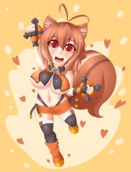 Rule 34 | 1girl, :d, animal ears, antenna hair, bare shoulders, blazblue, blush, breasts, brown hair, chibi, cleavage, clenched hands, crop top, fingerless gloves, gloves, heart, heart-shaped pupils, heart background, highleg, highres, jcdr, makoto nanaya, midriff, miniskirt, multicolored hair, navel, open mouth, orange eyes, orange skirt, short hair, skirt, smile, solo, squirrel ears, squirrel tail, symbol-shaped pupils, tail, thighhighs, tonfa, two-tone hair, underboob, weapon