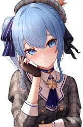 Rule 34 | 1girl, absurdres, ascot, beret, black gloves, blue ascot, blue choker, blue eyes, blue hair, blush, brooch, choker, closed mouth, crown, gloves, grey hat, grey shirt, hair ribbon, hand up, hat, head tilt, highres, hololive, hoshimachi suisei, hoshimachi suisei (1st costume), jewelry, likuo, looking at viewer, mini crown, partially fingerless gloves, plaid, plaid shirt, ribbon, shirt, side ponytail, simple background, solo, star (symbol), star in eye, symbol in eye, upper body, virtual youtuber, white background