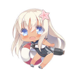 Rule 34 | 1girl, black one-piece swimsuit, blonde hair, blue eyes, chibi, crop top, flower, full body, hair flower, hair ornament, hitoguchi (hioxhio), kantai collection, lifebuoy, looking at viewer, lowres, one-piece swimsuit, one-piece tan, open mouth, ro-500 (kancolle), sailor collar, school swimsuit, simple background, solo, swim ring, swimsuit, swimsuit under clothes, tan, tanline, torpedo, white background