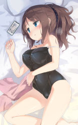 Rule 34 | 1girl, black one-piece swimsuit, blue eyes, blush, breasts, brown hair, cellphone, competition school swimsuit, covered erect nipples, covered navel, hair ornament, hair scrunchie, highres, homura subaru, large breasts, long hair, lying, medium breasts, on bed, one-piece swimsuit, original, phone, ponytail, school swimsuit, scrunchie, smartphone, swimsuit, thighs, towel, yuri