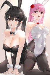 Rule 34 | 2girls, :d, :o, all fours, animal ears, bare arms, bare shoulders, black eyes, black footwear, black hair, black hairband, black legwear, black leotard, black neckwear, blush, bow, bowtie, breasts, cleavage, collarbone, covered navel, detached collar, fake animal ears, female focus, flower, hair between eyes, hair flower, hair ornament, hairband, high heels, highres, kfr, kneeling, large breasts, leotard, long hair, looking at viewer, medium breasts, mole, mole on breast, mole under eye, multiple girls, neck, open mouth, original, pantyhose, pink eyes, pink hair, playboy bunny, rabbit ears, red eyes, red flower, red neckwear, red rose, rose, sidelocks, smile, thighband pantyhose, twintails, very long hair, white bunny ears, white hairband, white leotard, wrist cuffs
