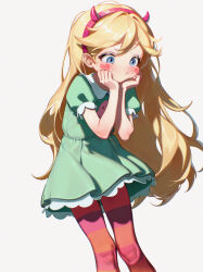 1girl blonde_hair blue_eyes blush dress facial_mark fake_horns green_dress grey_background hairband hands_on_own_face heart heart_facial_mark horns long_hair pantyhose pink_pantyhose short_dress short_sleeves simple_background solo star_butterfly star_vs_the_forces_of_evil yoko-chan_(mijizukeyoko)