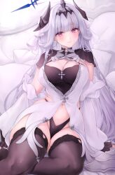 Rule 34 | 1girl, azur lane, black gloves, black panties, black thighhighs, black tiara, blush, breasts, cleavage, cleavage cutout, closed mouth, clothing cutout, cross, detached sleeves, dress, fingerless gloves, gloves, hair ornament, highleg, highleg panties, highres, large breasts, long hair, looking at viewer, marseillaise (azur lane), midriff, navel, on bed, panties, pillow, pink eyes, revealing clothes, sitting, smile, solo, thighhighs, tiara, underwear, white dress, white hair, white sleeves, ygcn