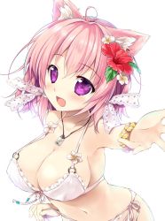 Rule 34 | 1girl, ahoge, animal ear fluff, animal ears, bashira (sennen sensou aigis), bikini, bracelet, breasts, cat ears, cat girl, cleavage, commentary request, fang, flower, hair flower, hair ornament, highres, jewelry, large breasts, looking at viewer, medium hair, mikeou, navel, open mouth, pink hair, purple eyes, sennen sensou aigis, smile, solo, swimsuit, white bikini