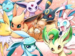 Rule 34 | :3, :d, ayo (ayosanri009), brown eyes, closed eyes, closed mouth, commentary request, creature, creatures (company), eevee, espeon, evolutionary line, facing viewer, fangs, flareon, game freak, gen 1 pokemon, gen 2 pokemon, gen 4 pokemon, gen 6 pokemon, glaceon, green eyes, happy, jolteon, leafeon, looking at viewer, nintendo, no humans, open mouth, pink background, pokemon, pokemon (creature), purple eyes, smile, sylveon, umbreon, vaporeon
