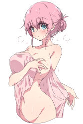 Rule 34 | 1girl, :o, aqua eyes, blush, bocchi the rock!, breasts, collarbone, covering privates, covering breasts, cropped legs, dot nose, folded ponytail, gotoh michiyo, groin, hair between eyes, highres, large breasts, looking at viewer, mel (melty pot), naked towel, navel, nude cover, pink hair, pink towel, raised eyebrows, simple background, smile, solo, stomach, towel, wet, white background