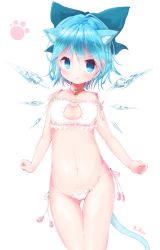 Rule 34 | 1girl, :t, akisha, alternate costume, animal ears, artist name, bad id, bad pixiv id, bell, blue bow, blue eyes, blue hair, blush, bow, breasts, cat cutout, cat ear panties, cat ears, cat lingerie, cat tail, choker, cirno, cleavage cutout, clothing cutout, cowboy shot, eyebrows, frills, gluteal fold, groin, highres, ice, ice wings, jingle bell, looking at viewer, matching hair/eyes, meme attire, micro panties, navel, neck bell, panties, paw print, pout, short hair, side-tie panties, small breasts, solo, standing, stomach, string panties, tail, thigh gap, touhou, underwear, underwear only, white background, white panties, wings