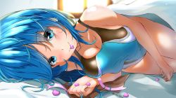 Rule 34 | 1girl, bed, blue eyes, blue hair, blue one-piece swimsuit, breasts, cleavage, commentary request, competition swimsuit, cowboy shot, garter-velvet, heart, highres, indoors, long hair, looking at viewer, lying, medium breasts, mouth hold, on bed, on side, one-piece swimsuit, original, pov across bed, solo, swimsuit, two-tone swimsuit, window