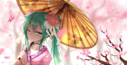 Rule 34 | 1girl, bug, butterfly, cherry blossoms, choker, facial tattoo, green eyes, green hair, hatsune miku, holding, holding umbrella, insect, matching hair/eyes, number tattoo, oil-paper umbrella, one eye closed, pink background, pink theme, qys3, solo, tattoo, umbrella, vocaloid, wink