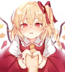 Rule 34 | 1girl, 1other, absurdres, blonde hair, bloom, blurry, blush, crystal, depth of field, dress, fang, flandre scarlet, highres, hand grab, looking at viewer, no headwear, no headwear, one side up, paragasu (parags112), pov, red dress, red eyes, simple background, solo focus, tearing up, touhou, white background, wings