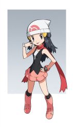 Rule 34 | 1girl, bad id, bad twitter id, beanie, black hair, black socks, boots, border, bracelet, closed mouth, creatures (company), dawn (pokemon), eyelashes, full body, game freak, grey background, grey eyes, hair ornament, hairclip, hand on own hip, hand up, hat, highres, jewelry, kneehighs, knees, long hair, looking at viewer, nintendo, outside border, pink footwear, pokemon, pokemon dppt, red scarf, scarf, sleeveless, smile, socks, solo, standing, tongue, tongue out, white border, white hat, yoshi (moco1)