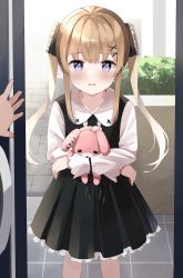Rule 34 | 1boy, 1girl, absurdres, akagikou, black dress, black ribbon, blonde hair, blush, center frills, collarbone, commentary request, dress, frilled dress, frilled ribbon, frills, hair between eyes, hair ribbon, highres, long hair, long sleeves, looking at viewer, hugging object, original, parted lips, pleated dress, purple eyes, ribbon, shirt, solo focus, standing, stuffed animal, stuffed rabbit, stuffed toy, twintails, very long hair, white shirt