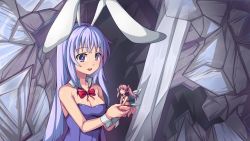 Rule 34 | 2girls, animal ears, bare shoulders, bikini, bikini top only, breasts, carrying, cleavage, detached collar, erina (rabi-ribi), fairy, fairy wings, female focus, game cg, leotard, long hair, mini person, minigirl, miniskirt, multiple girls, official art, open mouth, pink eyes, pink hair, pointy ears, purple eyes, purple hair, rabbit ears, rabi-ribi, ribbon (rabi-ribi), saiste, sitting, skirt, smile, swimsuit, twintails, very long hair, wings, wrist cuffs