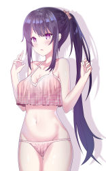 Rule 34 | 1girl, :o, absurdres, bare arms, bare shoulders, bikini, blue eyes, blush, collarbone, commentary request, hair between eyes, hair ornament, highres, long hair, nagisa (cxcx5235), navel, open mouth, original, pink bikini, ponytail, purple hair, sidelocks, simple background, solo, swimsuit, very long hair, white background