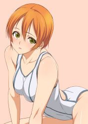 Rule 34 | 10s, 1girl, blush, breasts, competition swimsuit, hoshizora rin, kosuke haruhito, looking at viewer, love live!, love live! school idol project, medium breasts, one-piece swimsuit, orange hair, short hair, simple background, solo, swimsuit, yellow eyes