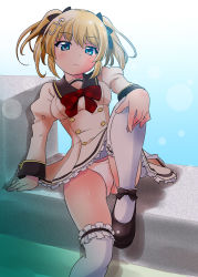 Rule 34 | 10s, 1girl, battle girl high school, blonde hair, blue eyes, bow, bowtie, fortissimo, hair ornament, kanoe (gallery walhalla), kougami kanon, looking at viewer, musical note, musical note hair ornament, panties, pantyshot, plaid, plaid bow, plaid bowtie, red bow, red bowtie, school uniform, sitting, solo, thighhighs, twintails, underwear, white thighhighs