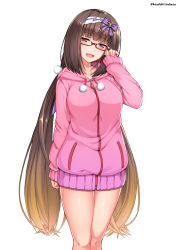 Rule 34 | 1girl, :d, adjusting eyewear, arm at side, blonde hair, blush, bow, breasts, brown hair, drawstring, fate/grand order, fate (series), feet out of frame, glasses, hair bow, hairband, half-closed eyes, hand up, head tilt, hood, hoodie, kouzuki tsubasa (musou kaidou), legs together, long hair, long sleeves, looking at viewer, low twintails, medium breasts, no pants, open mouth, osakabehime (fate), pink hoodie, pocket, pom pom (clothes), purple bow, red-framed eyewear, red eyes, simple background, sleeves past wrists, smile, solo, standing, thighs, twintails, twitter username, two-tone hairband, very long hair, white background, zipper