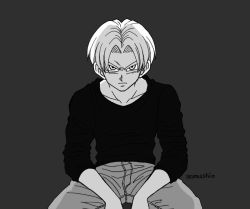 Rule 34 | 1boy, artist name, black shirt, denim, dragon ball, dragonball z, elbows on knees, expressionless, frown, grey background, greyscale, jeans, long sleeves, looking at viewer, male focus, monochrome, pants, ringoaomushi, serious, shaded face, shirt, short hair, simple background, spread legs, trunks (dragon ball), trunks (future) (dragon ball), upper body
