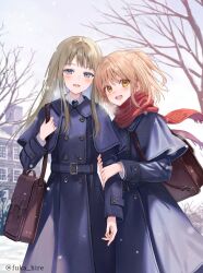 Rule 34 | 2girls, :d, arm hug, bag, bare tree, blue coat, blue eyes, blue necktie, brown eyes, character request, coat, copyright request, fukahire (ruinon), long hair, multiple girls, necktie, open mouth, red scarf, scarf, school bag, school uniform, sidelocks, smile, snow, tree, twitter username, winter, winter clothes, winter coat, yellow eyes, yuri