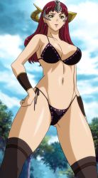 Rule 34 | 1girl, absurdres, bikini, bra, breasts, claudette (queen&#039;s blade), earrings, female focus, green eyes, highres, jewelry, large breasts, long hair, panties, queen&#039;s blade, red hair, sky, solo, standing, stitched, swimsuit, third-party edit, underwear