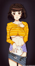 Rule 34 | 1girl, artist name, belt, belt buckle, blue skirt, blush, breasts, brown eyes, brown hair, buckle, clothes lift, collarbone, covered erect nipples, diaper, gradient background, grey background, kawakami sadayo, large breasts, lilith-fetish, lips, long sleeves, looking at viewer, nostrils, open mouth, orange shirt, pencil skirt, persona, persona 5, ribs, shirt, shirt lift, simple background, skirt, skirt down, solo, standing, striped clothes, striped shirt, underboob