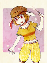 Rule 34 | 1girl, animal ears, arm up, blonde hair, border, brown hat, commentary request, cowboy shot, dango, flat cap, food, frilled shirt, frilled shorts, frills, grey border, hair between eyes, hat, holding, leaning, leaning to the side, looking down, midriff peek, navel, one-hour drawing challenge, open mouth, outside border, pink background, rabbit ears, rabbit girl, red eyes, ringo (touhou), shirt, short hair, short sleeves, shorts, smile, solo, standing, teeth, tkmr koubou, touhou, twitter username, upper teeth only, wagashi, watermark, yellow shirt, yellow shorts