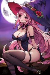 Rule 34 | 1girl, absurdres, artist name, bat wings, belly, black footwear, breasts, broom, broom riding, buttons, choker, cleavage, commentary, english commentary, flower, fog, full moon, gem, gloves, halloween, hat, hat flower, high heels, highres, hololive, hololive english, jewelry, large breasts, long hair, moon, mori calliope, navel, outdoors, pendant, pink hair, pumps, red eyes, red flower, shoes, stiletto heels, striped clothes, striped thighhighs, thigh strap, thighhighs, tree, unstableboiler, virtual youtuber, wings, witch