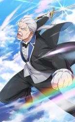 Rule 34 | 1boy, black pants, blue eyes, butler, cloud, cloudy sky, facial hair, frilled sleeves, frills, gloves, grey hair, highres, holding, holding sword, holding weapon, long sleeves, looking at viewer, low ponytail, male focus, mustache, official art, old, old man, open mouth, outdoors, pants, rainbow, re:zero kara hajimeru isekai seikatsu, sky, sword, weapon, white gloves, wilhelm (re:zero)