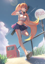 Rule 34 | 1girl, \m/, absurdres, aircraft, airplane, blonde hair, bread, bus stop, crop top, crop top overhang, dated, day, food, highres, lens flare, long hair, midriff, mouth hold, navel, one eye closed, original, ponytail, school uniform, serafuku, shon, sign, signature, skirt, sky, solo, very long hair, w over eye, weapon bag