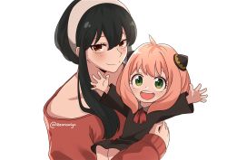 Rule 34 | 2girls, ahoge, anya (spy x family), black hair, blush, carrying, child carry, commentary, green eyes, hairband, highres, horn ornament, horns, medium hair, multiple girls, open mouth, outstretched arms, pink hair, red eyes, rennomiya, smile, spy x family, white background, white hairband, yor briar
