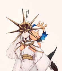 Rule 34 | !, 1boy, 1girl, 34no404, ^ ^, closed eyes, covered eyes, crossover, crown, dark souls (series), dark souls i, dark sun gwyndolin, gwendolyn (odin sphere), hair ornament, long hair, long sleeves, name connection, odin sphere, silver hair, smile, spikes, trap, trembling, wide sleeves