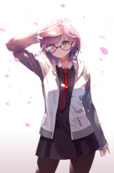Rule 34 | 1girl, arm up, bad id, bad pixiv id, black-framed eyewear, black dress, black pantyhose, cardigan, cherry blossoms, cowboy shot, dress, fate/grand order, fate (series), glasses, highres, mash kyrielight, miyaza, necktie, open cardigan, open clothes, pantyhose, pink hair, red necktie, short dress, short hair, smile, solo, sweater, white background, white sweater