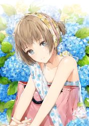 Rule 34 | 1girl, bag, blue eyes, bottle, brown hair, closed mouth, dangmill, flower, head scarf, hydrangea, looking at viewer, original, shopping bag, sidelocks, sitting, solo, upper body