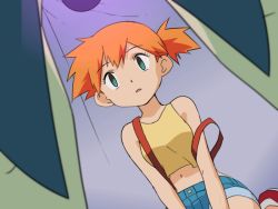 Rule 34 | 1girl, arm support, asymmetrical hair, breasts, creatures (company), full body, game freak, green eyes, green shorts, hair between eyes, hypnosis, looking at another, mind control, misty (pokemon), navel, nintendo, orange hair, pendulum, pokemon, pokemon (anime), pokemon (classic anime), ponytail, shirt, shoes, short hair, short shorts, shorts, side ponytail, sitting, sleeveless, sleeveless shirt, sneakers, solo, suspenders, yellow shirt