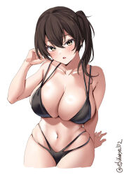 Rule 34 | 1girl, bare shoulders, bikini, black bikini, blush, breasts, brown eyes, brown hair, cleavage, collarbone, cowboy shot, cropped legs, ebifurya, hair between eyes, highres, kaga (kancolle), kantai collection, large breasts, long hair, looking at viewer, navel, one-hour drawing challenge, parted lips, side ponytail, simple background, skindentation, solo, swimsuit, twitter username, white background