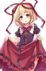 Rule 34 | 1girl, blonde hair, blue eyes, bow, bowtie, clothes lift, cowboy shot, doll joints, hair ribbon, highres, joints, lifted by self, looking at viewer, medicine melancholy, oborofu, open mouth, red bow, red bowtie, red ribbon, red skirt, ribbon, short hair, short sleeves, simple background, skirt, skirt lift, solo, touhou, white background