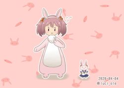 Rule 34 | 1girl, 1other, animal costume, commentary request, cosplay, dated, full body, hair bobbles, hair ornament, highres, kantai collection, looking at viewer, luci ole, one-hour drawing challenge, pink background, pink eyes, pink hair, rabbit, rabbit background, rabbit costume, sazanami (kancolle), sazanami (kancolle) (cosplay), school uniform, serafuku, short hair, twintails, twitter username