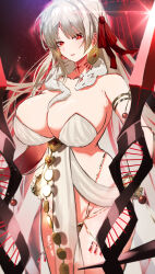 Rule 34 | 1girl, absurdres, armlet, bare shoulders, belly chain, blush, body markings, bracelet, breasts, cleavage, collarbone, colored skin, durga (fate), earrings, facial mark, fate/grand order, fate (series), forehead mark, gradient skin, grey hair, hair ribbon, highres, jewelry, large breasts, long hair, looking at viewer, orange eyes, parted lips, pelvic curtain, red skin, revealing clothes, ribbon, sash, shibao aoyama, snake, solo, thighs, thumb ring, very long hair, weapon