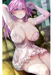 Rule 34 | 1girl, armpits, bare shoulders, blue eyes, breasts, cleavage, commentary request, dress, elbow gloves, gabriel (granblue fantasy), gloves, granblue fantasy, hair between eyes, highres, large breasts, long hair, panties, parted bangs, parted lips, pink hair, short dress, signo aaa, sitting, solo, thighs, underwear, white dress, white gloves, white panties