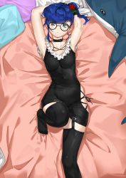 Rule 34 | 1girl, absurdres, aqua eyes, armpits, arms behind head, arms up, bed sheet, black-framed eyewear, black dress, black gloves, black thighhighs, blue hair, breasts, buckle, collar, collarbone, dress, earrings, flower, garter straps, glasses, gloves, hair flower, hair ornament, highres, jewelry, knee up, looking at viewer, lying, medium breasts, on back, on bed, original, parted lips, pillow, pixel (yuxian), red flower, red rose, rose, round eyewear, short dress, short hair, side ponytail, single sidelock, sleeveless, sleeveless dress, solo, stud earrings, stuffed animal, stuffed shark, stuffed toy, thighhighs