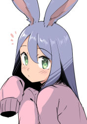 Rule 34 | 1girl, animal ears, blue hair, blush, closed mouth, green eyes, hair between eyes, hands up, long hair, long sleeves, looking at viewer, notice lines, original, pink shirt, rabbit ears, saiste, shirt, simple background, sleeves past fingers, sleeves past wrists, solo, upper body, white background
