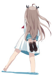 Rule 34 | 1girl, absurdres, ahoge, atri, atri-my dear moments-, bare legs, black ribbon, brown footwear, dress, from behind, hair ribbon, highres, holding, holding shoes, light brown hair, long hair, long sleeves, ribbon, sailor dress, shoes, unworn shoes, simple background, solo, two side up, white background, white dress, xiu kukkii
