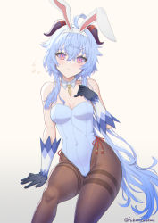 Rule 34 | 1girl, :&lt;, ahoge, alternate costume, animal ears, bad leg, bare shoulders, blue gloves, blue hair, blush, breasts, brown pantyhose, cleavage, closed mouth, collar, collarbone, commentary, covered navel, detached collar, duplicate, embarrassed, fake animal ears, feet out of frame, flying sweatdrops, furrowed brow, ganyu (genshin impact), genshin impact, gloves, gradient eyes, groin, hair between eyes, hairband, hand on own chest, hand up, horns, leotard, long hair, looking at viewer, medium breasts, multicolored eyes, necktie, pantyhose, pixel-perfect duplicate, playboy bunny, purple eyes, rabbit ears, red eyes, same no fukahire, short necktie, sidelocks, simple background, sitting, solo, tassel, thighband pantyhose, thighs, twitter username, white background, white collar, white hairband, white leotard, white sleeves, yellow necktie