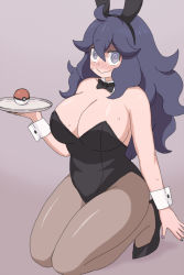 Rule 34 | 1girl, @ @, animal ears, bare shoulders, black footwear, black leotard, blush, breasts, brown pantyhose, cleavage, closed mouth, collar, creatures (company), fake animal ears, full body, game freak, hex maniac (pokemon), high heels, highres, kneeling, large breasts, leotard, long hair, looking at viewer, messy hair, nintendo, pantyhose, playboy bunny, poke ball, poke ball (basic), pokemon, pokemon xy, purple background, purple eyes, purple hair, rabbit ears, shiny clothes, simple background, smile, solo, sweat, tray, wavy mouth, wrist cuffs, yatani (do9z)