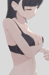 1girl black_bra black_hair blunt_bangs bra breasts cleavage closed_eyes commentary_request covering_breasts covering_privates fingernails grey_background highres hiroki_(yyqw7151) large_breasts medium_hair navel open_mouth original simple_background solo underwear undressing upper_body