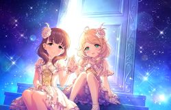 Rule 34 | 2girls, age difference, ahoge, bare legs, blonde hair, blue eyes, bow, brown hair, door, doorway, dress, flower, frilled dress, frilled skirt, frilled sleeves, frills, green eyes, hair flower, hair ornament, holding hands, idolmaster, idolmaster cinderella girls, jewelry, looking at viewer, multiple girls, necklace, official art, sakuma mayu, short hair, sitting, skirt, sky, stairs, star (sky), starry sky, twintails, wristband, yusa kozue