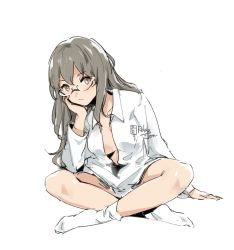 Rule 34 | 10s, 1girl, breasts, brown eyes, center opening, collared shirt, dress shirt, futaba rio, glasses, grey hair, head rest, highres, indian style, long hair, long sleeves, looking at viewer, medium breasts, naked shirt, no bra, open clothes, open shirt, relaxjon, seishun buta yarou, shirt, sitting, sketch, socks, solo, white background, white shirt, white socks