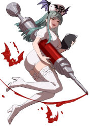 Rule 34 | 1girl, breasts, cleavage, dress, full body, green hair, head wings, highres, holding, holding syringe, large breasts, large syringe, long hair, morrigan aensland, nurse, open mouth, oversized object, simple background, smile, solo, syringe, thighhighs, thighs, vampire (game), white background, white dress, white headwear, white thighhighs, wings, yagi2013, yellow eyes