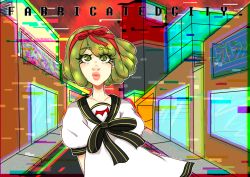 Rule 34 | 1girl, alternate costume, arms behind back, black bow, black ribbon, bow, child, city, cityscape, closed eyes, collarbone, danganronpa (series), danganronpa another episode: ultra despair girls, dress, english text, eyebrows, female focus, glitch, green eyes, green hair, hair bow, hair ribbon, hairband, headband, looking at viewer, matching hair/eyes, bowtie, neck ribbon, pink lips, red bow, red hairband, red headband, red headwear, red ribbon, red sky, ribbon, road, short hair, sidewalk, sky, solo, towa monaca, white dress, window